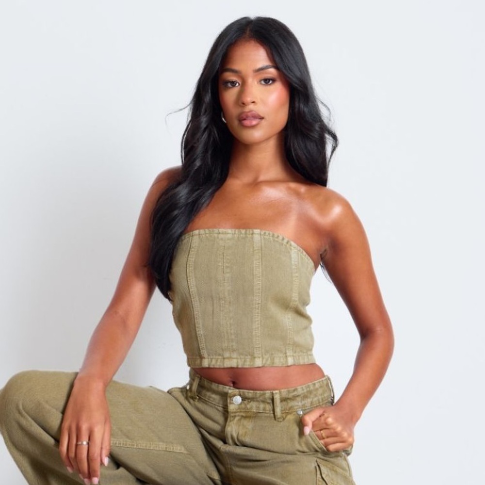 TALL WASHED KHAKI DENIM BANDEAU CORSET TOP